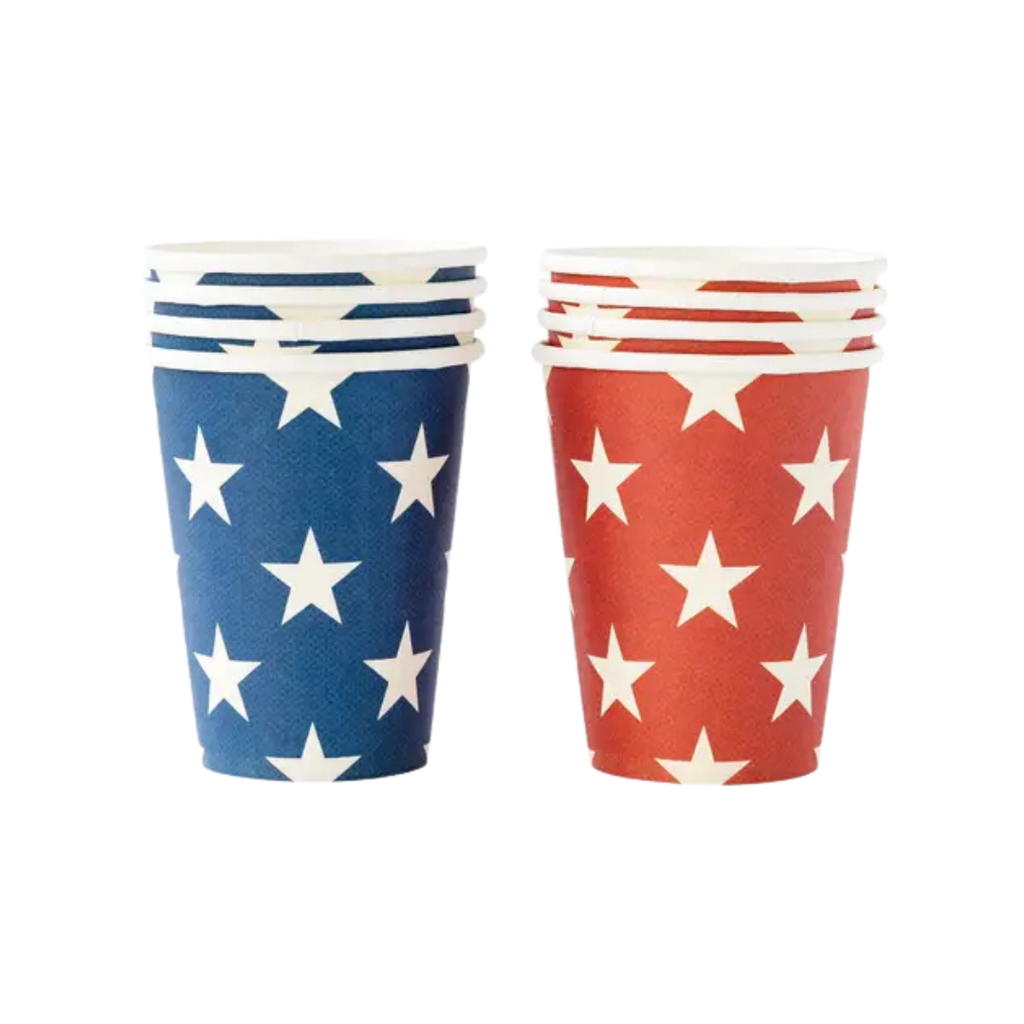 Red and blue star paper cups patriotic July Fourth theme from Parte Haus party supply store in Bethesda MD