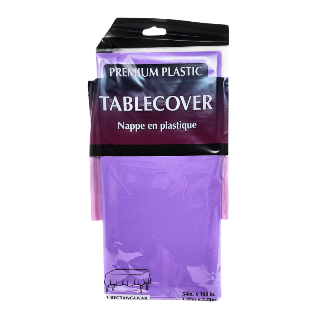 Purple plastic tablecover in packaging for birthday or event from Parte Haus party supply store in Bethesda MD