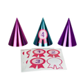 Metallic purple and blue cone hats with numbered stickers for birthday from Parte Haus party supply store in Bethesda Maryland