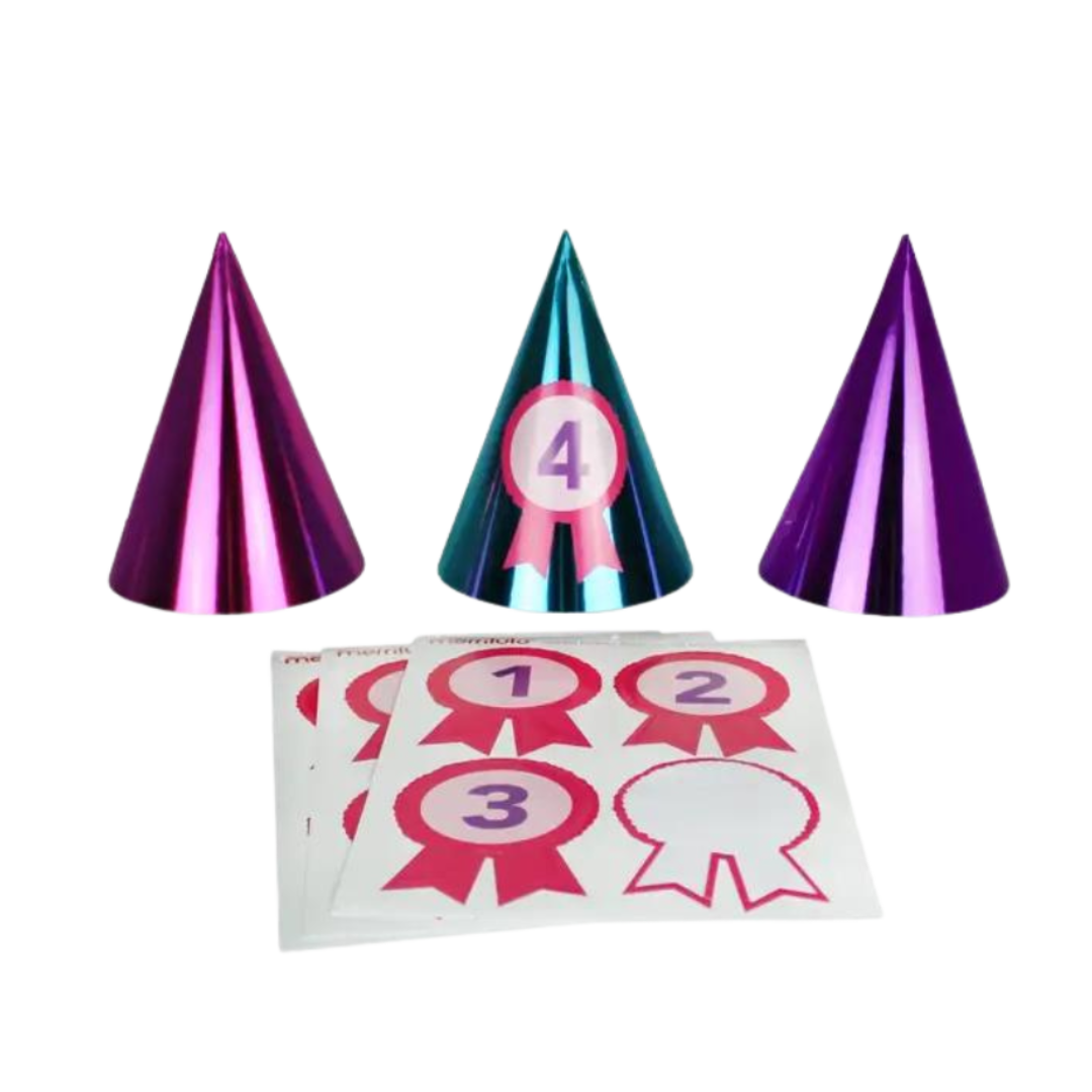 Metallic purple and blue cone hats with numbered stickers for birthday from Parte Haus party supply store in Bethesda Maryland