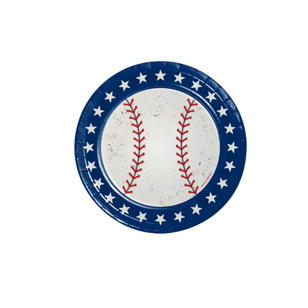 Blue and white baseball themed plate with stars for sports birthday from Parte Haus party supply store in Bethesda MD