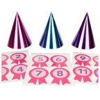 Metallic pink and blue cone hats with pink number stickers for birthday from Parte Haus party supply store in Bethesda Maryland