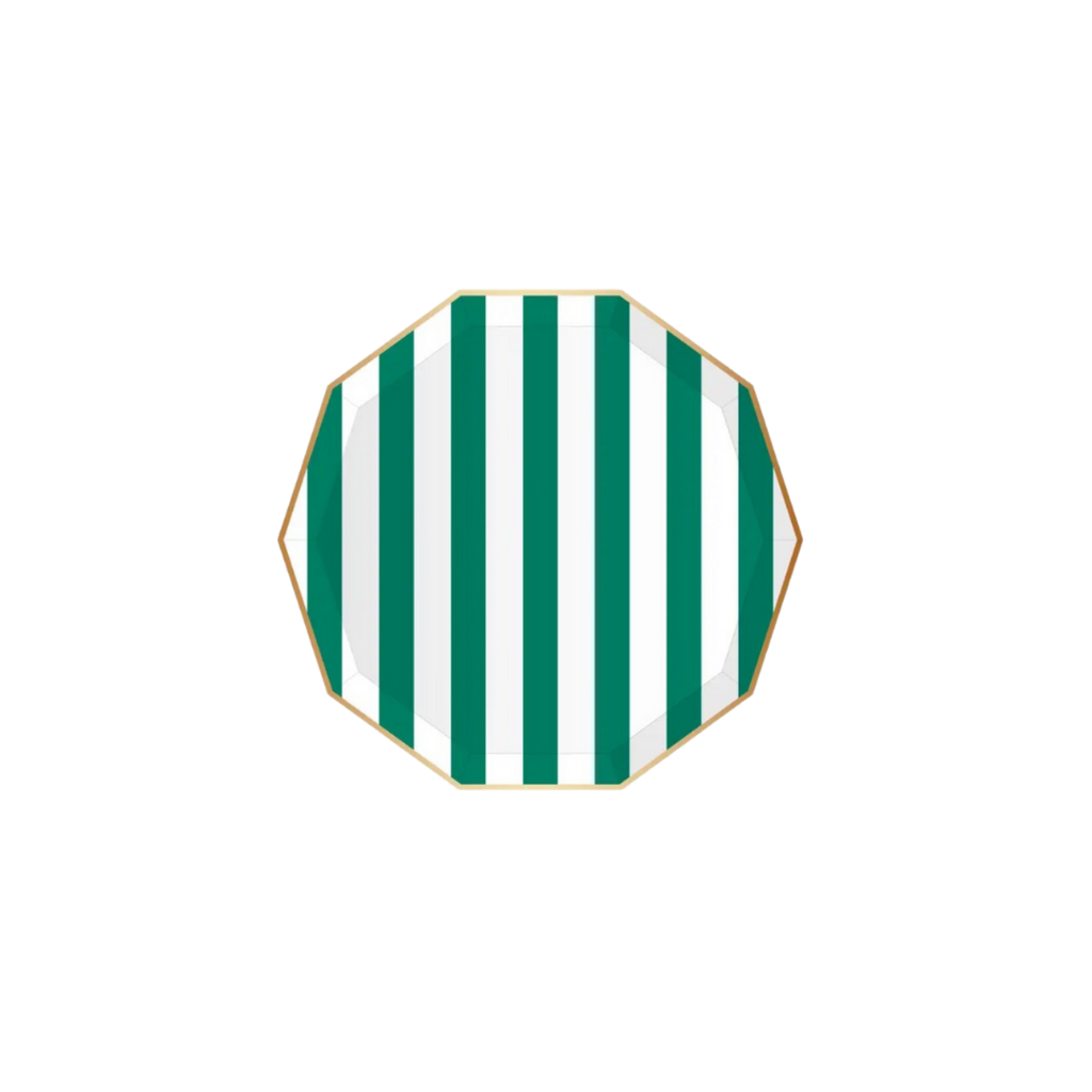 Green and white striped octagon plate with gold edge birthday from Parte Haus party supply store in Bethesda MD