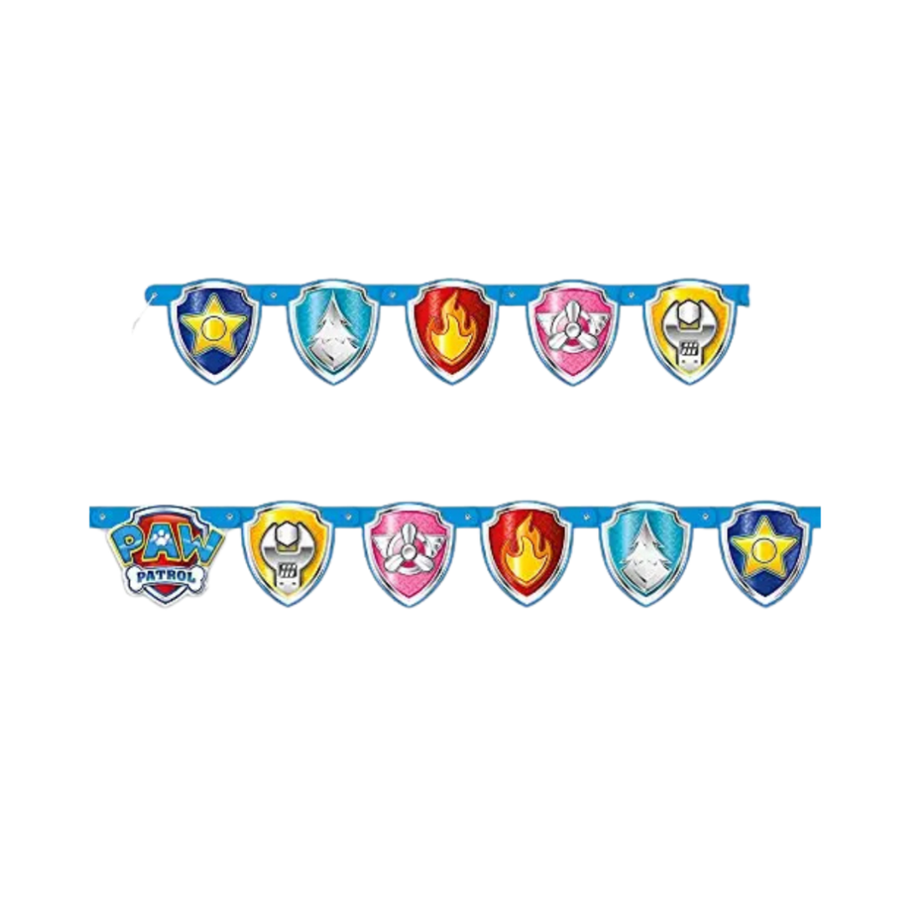 Blue Paw Patrol shield banner birthday decoration from Parte Haus party supply store in Bethesda Maryland