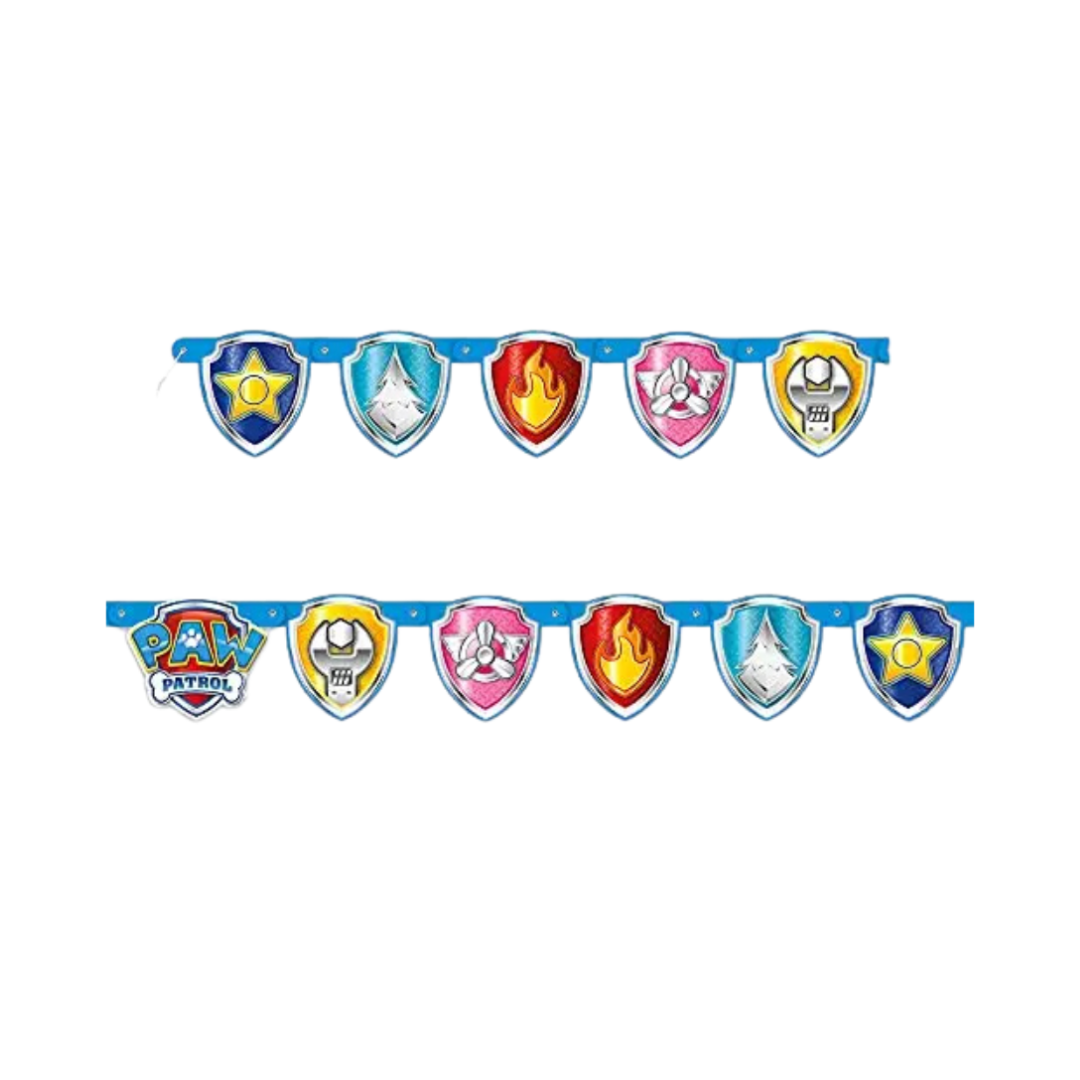 Blue Paw Patrol shield banner birthday decoration from Parte Haus party supply store in Bethesda Maryland