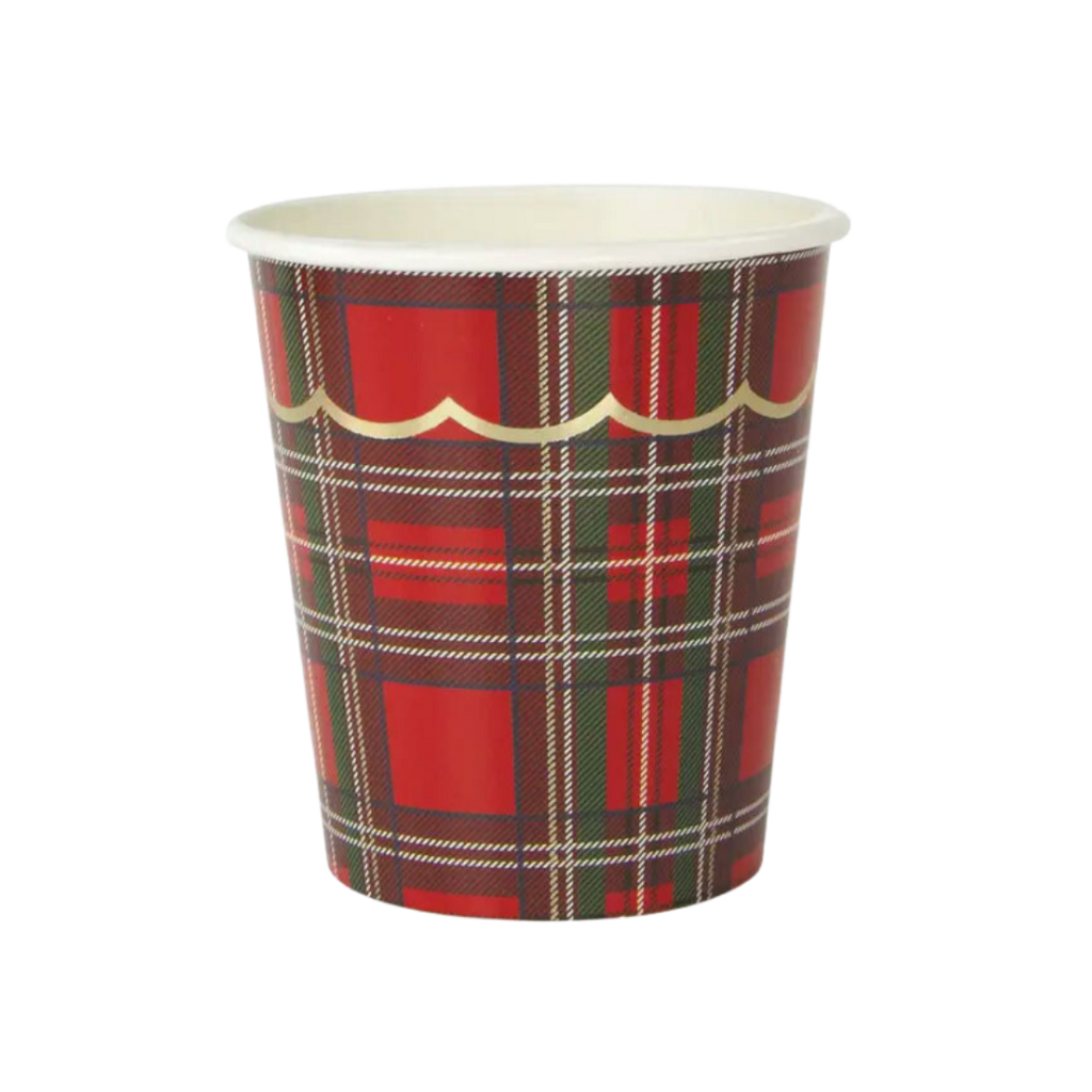 Red plaid paper cup with gold rim holiday theme from Parte Haus party supply store in Bethesda Maryland