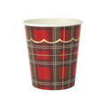 Red plaid paper cup with gold rim holiday theme from Parte Haus party supply store in Bethesda Maryland