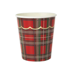 Red plaid paper cup with gold rim holiday theme from Parte Haus party supply store in Bethesda Maryland