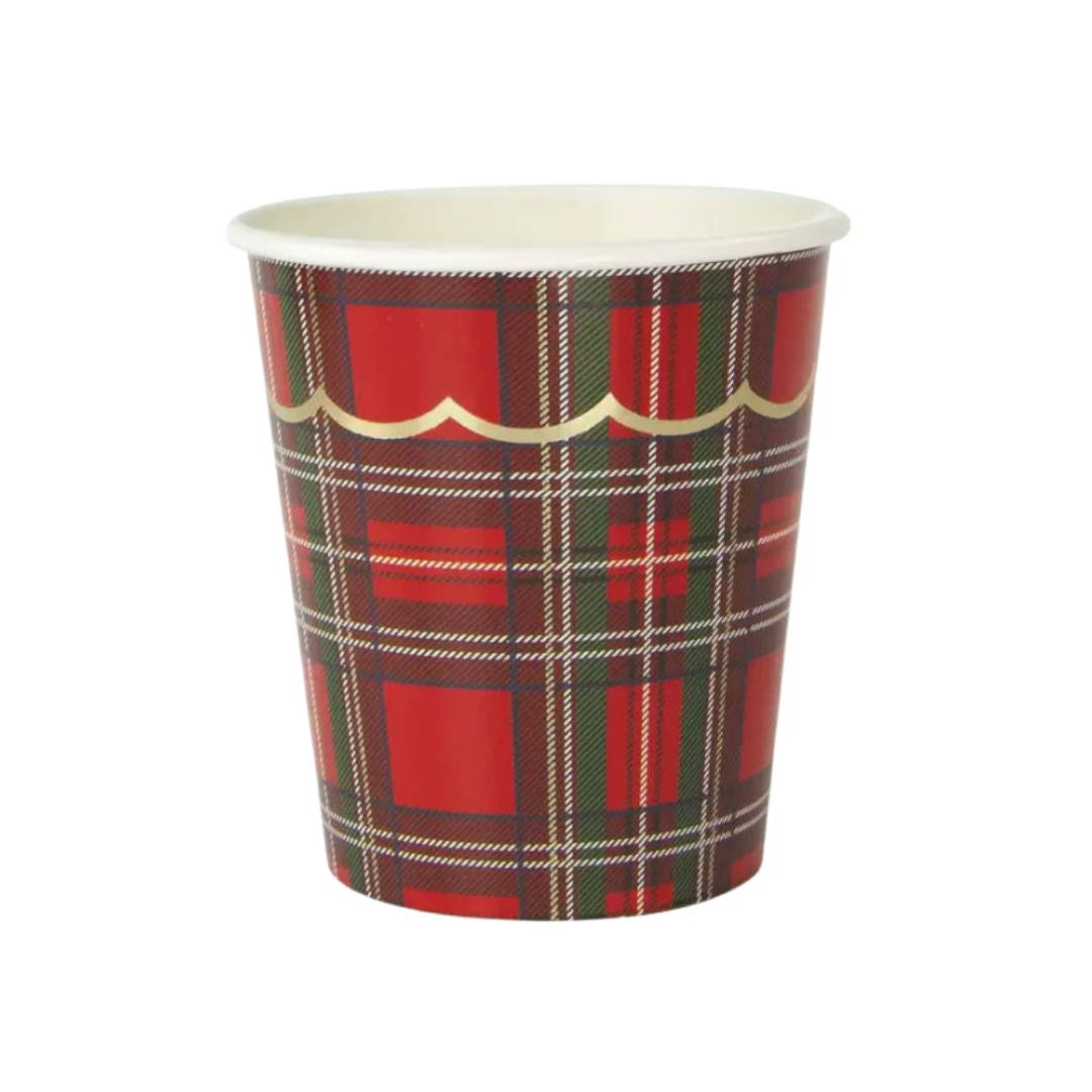Red plaid paper cup with gold rim holiday theme from Parte Haus party supply store in Bethesda Maryland