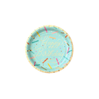 Blue Happy Birthday paper plate with confetti print birthday theme from Parte Haus party supply store in Bethesda Maryland