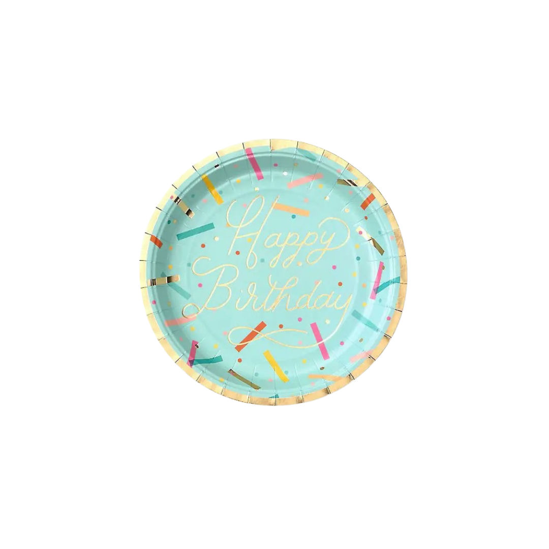 Blue Happy Birthday paper plate with confetti print birthday theme from Parte Haus party supply store in Bethesda Maryland