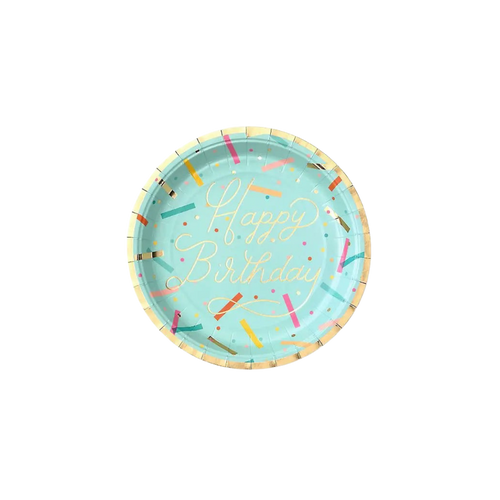 Blue Happy Birthday paper plate with confetti print birthday theme from Parte Haus party supply store in Bethesda Maryland