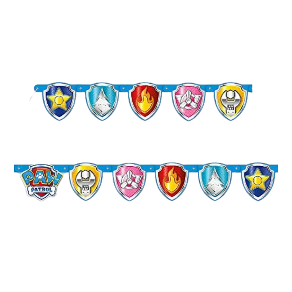 Colorful Paw Patrol banner with shield designs for kids birthday from Parte Haus party supply store in Bethesda Maryland