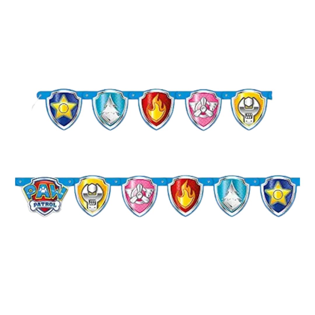 Colorful Paw Patrol banner with shield designs for kids birthday from Parte Haus party supply store in Bethesda Maryland