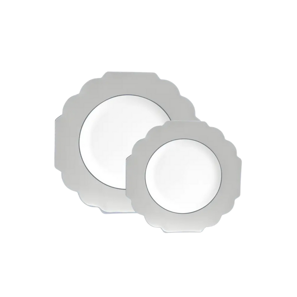 Silver white scalloped edge plates decorative tableware for celebrations from Parte Haus party supply store in Bethesda MD
