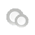 Silver white scalloped edge plates decorative tableware for celebrations from Parte Haus party supply store in Bethesda MD