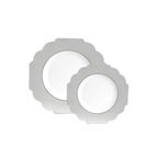 Silver white scalloped edge plates decorative tableware for celebrations from Parte Haus party supply store in Bethesda MD