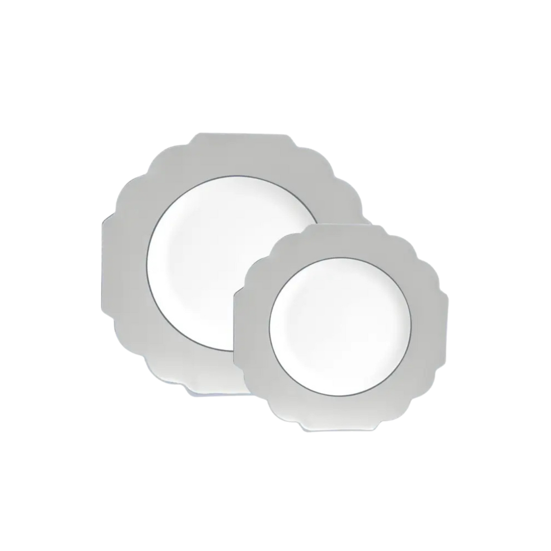 Silver white scalloped edge plates decorative tableware for celebrations from Parte Haus party supply store in Bethesda MD