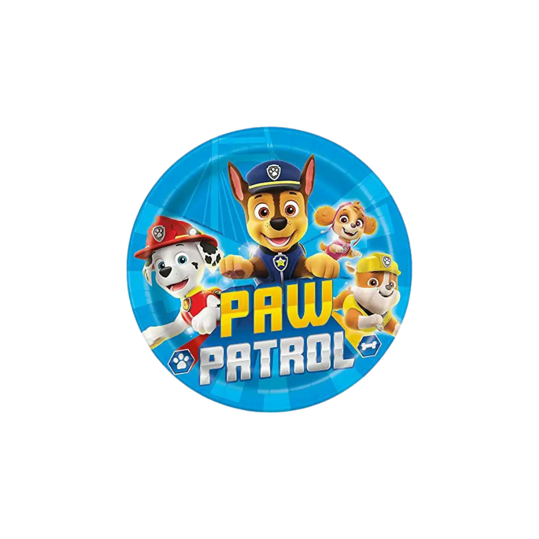 Blue Paw Patrol plate with cartoon dogs for kids birthday from Parte Haus party supply store in Bethesda Maryland