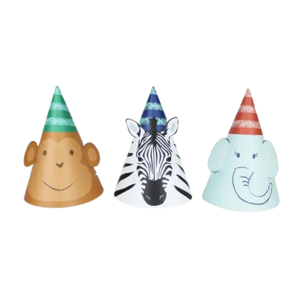 Multicolor animal cone hats with monkey zebra and elephant design for kids birthday from Parte Haus party supply store in Bethesda Maryland