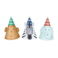 Multicolor animal cone hats with monkey zebra and elephant design for kids birthday from Parte Haus party supply store in Bethesda Maryland