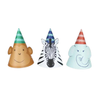 Multicolor animal cone hats with monkey zebra and elephant design for kids birthday from Parte Haus party supply store in Bethesda Maryland
