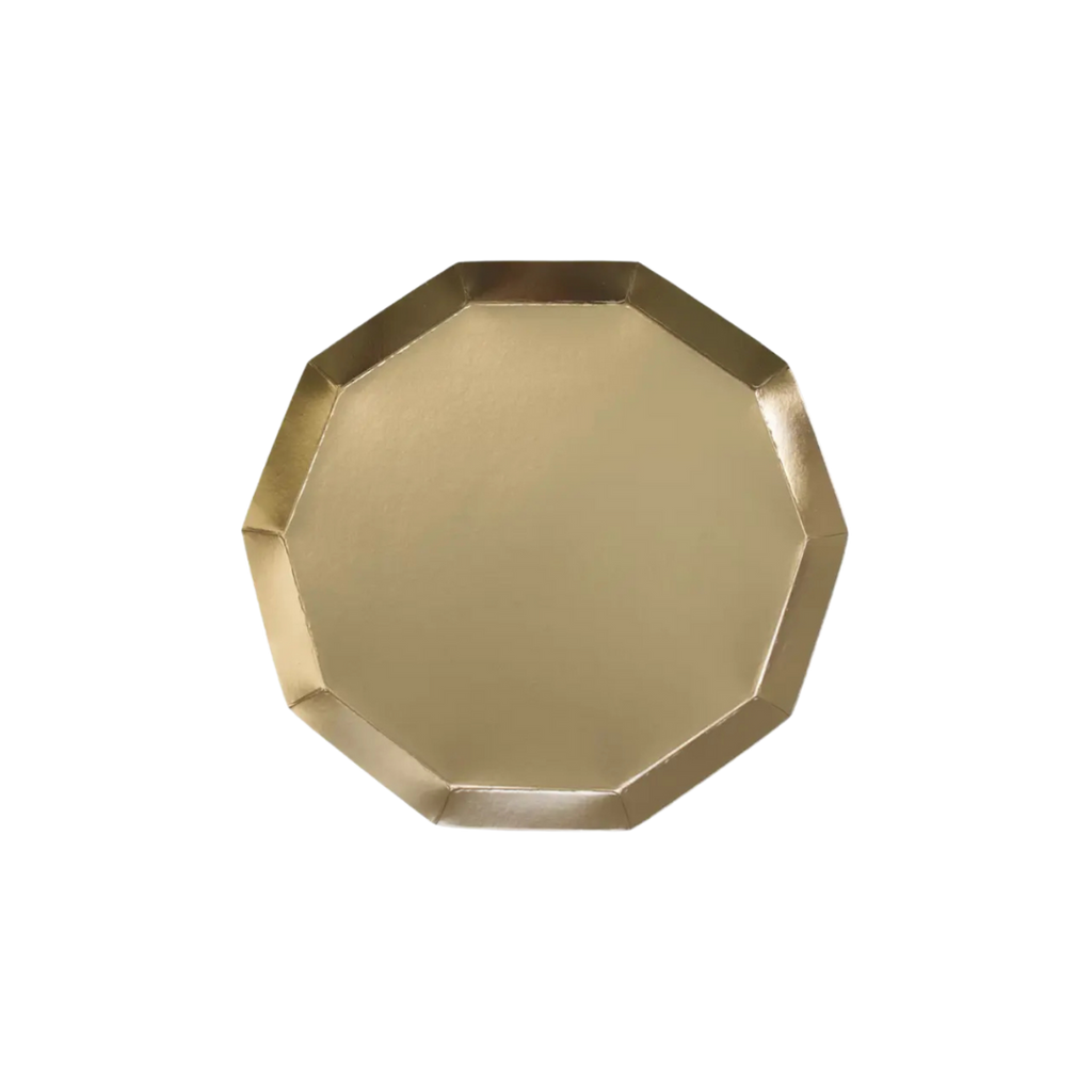 Gold octagon plate with shiny finish for birthday celebration from Parte Haus party supply store in Bethesda Maryland