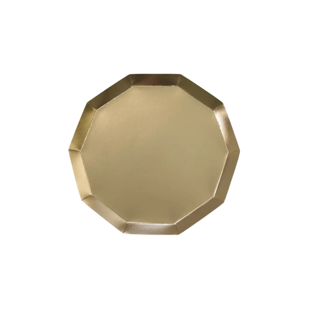 Gold octagon plate with shiny finish for birthday celebration from Parte Haus party supply store in Bethesda Maryland