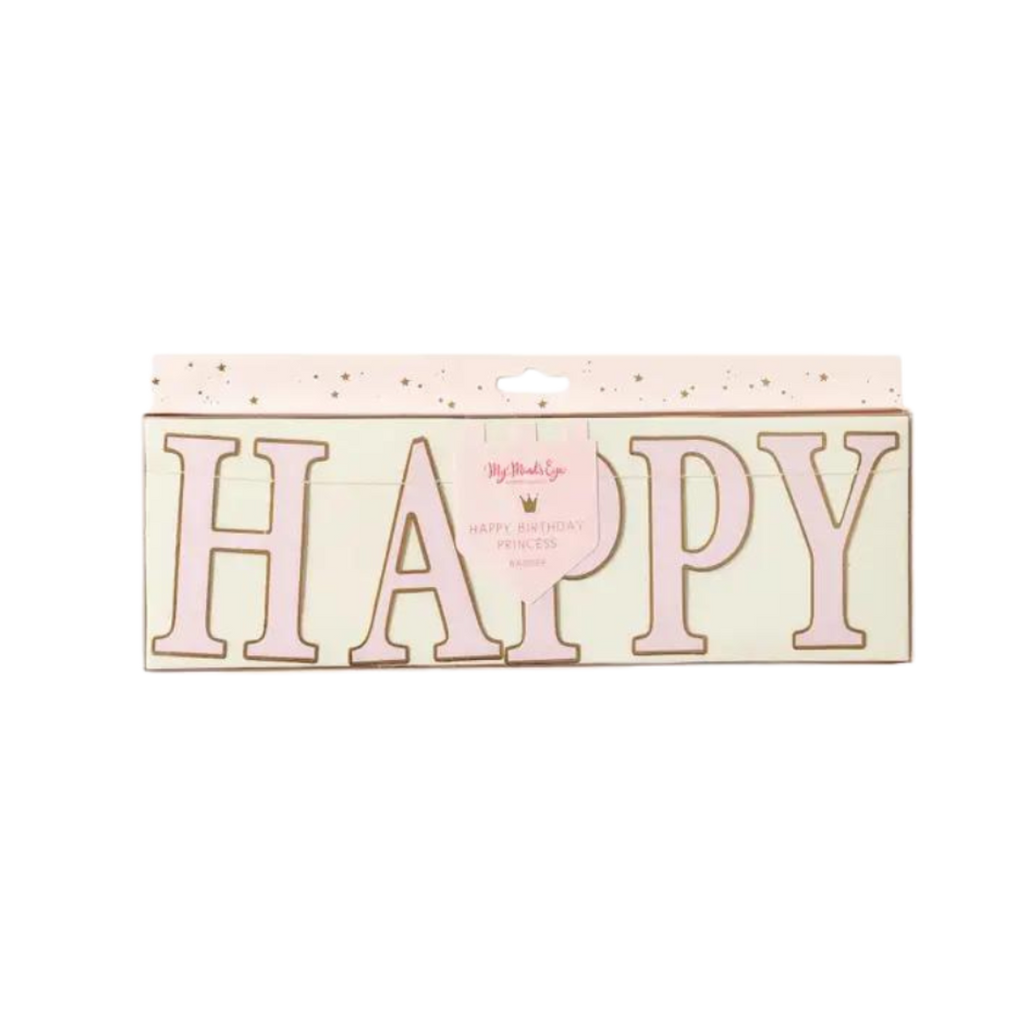 Pink and white happy birthday banner with princess theme from Parte Haus party supply store in Bethesda MD