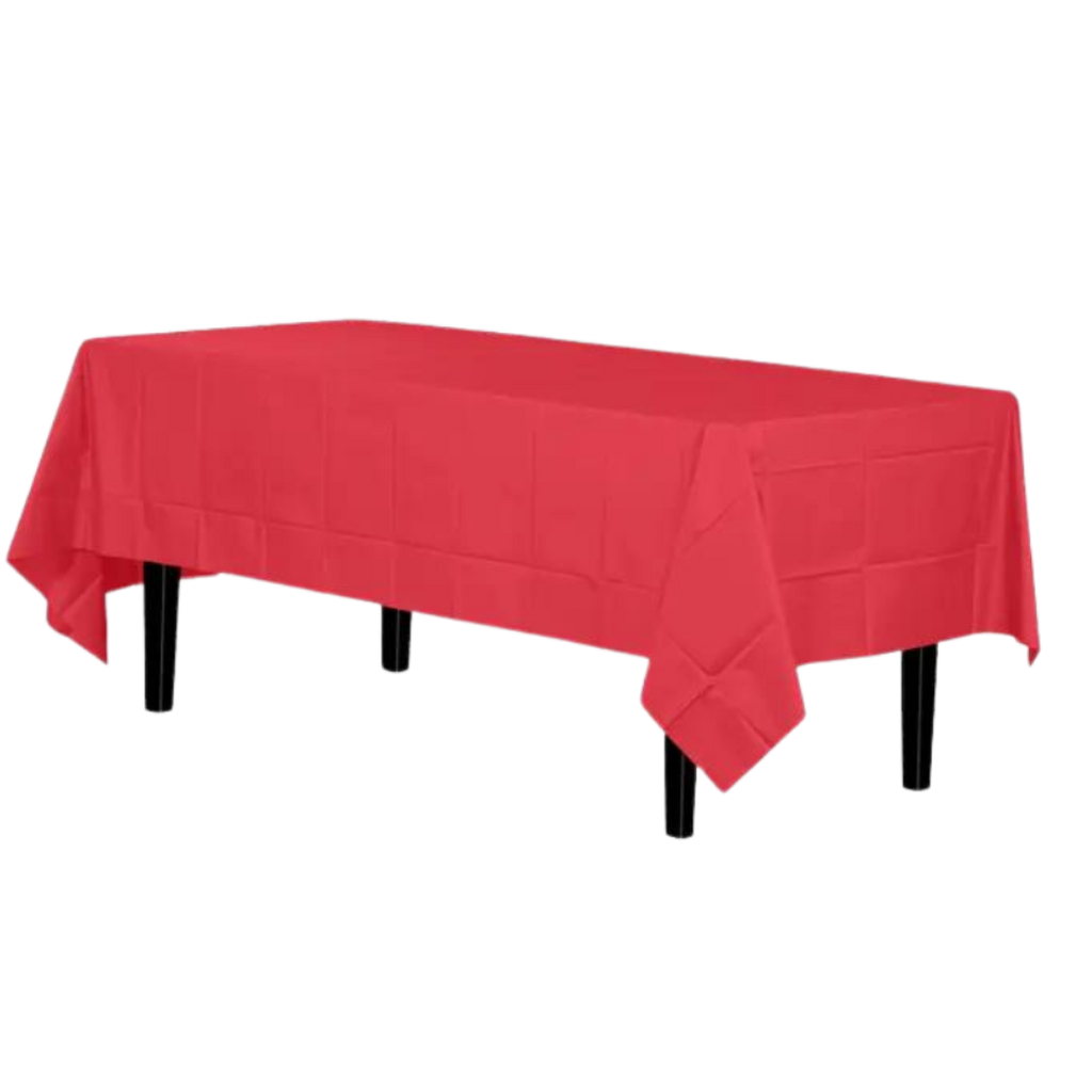 Red tablecloth rectangular plastic table cover birthday from Parte Haus party supply store in Bethesda Maryland