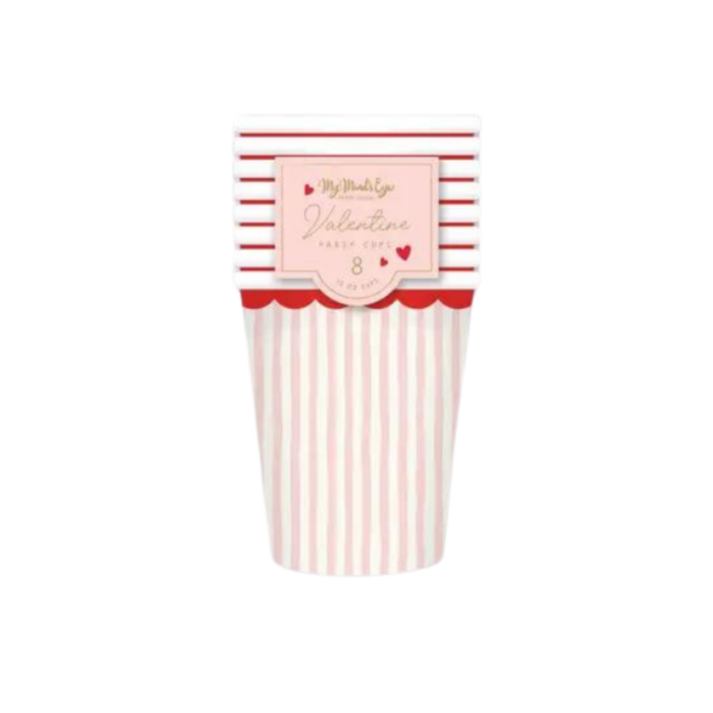 Red and white striped paper cups with scalloped edge for Valentine’s Day from Parte Haus party supply store in Bethesda MD