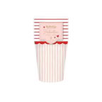 Red and white striped paper cups with scalloped edge for Valentine’s Day from Parte Haus party supply store in Bethesda MD