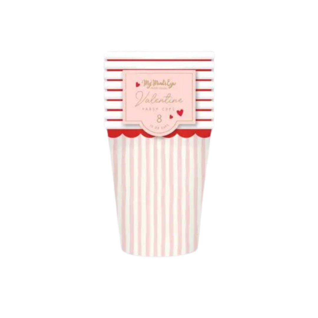 Red and white striped paper cups with scalloped edge for Valentine’s Day from Parte Haus party supply store in Bethesda MD