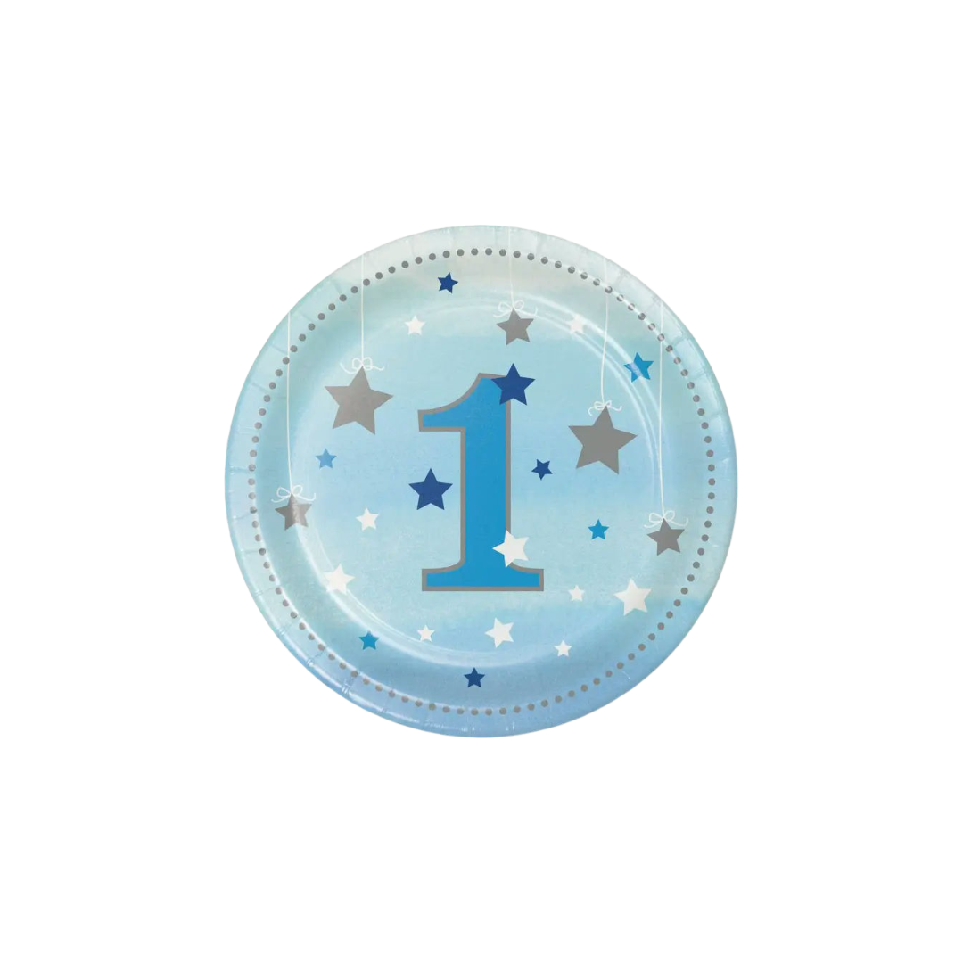 Blue first birthday plate with stars for 1st birthday theme from Parte Haus party supply store in Bethesda MD