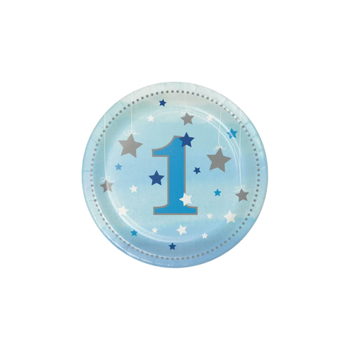 Blue first birthday plate with stars for 1st birthday theme from Parte Haus party supply store in Bethesda MD