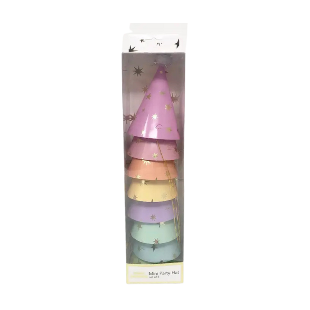 Pastel mini party hats with gold stars for birthday celebration from Parte Haus party supply store in Bethesda MD