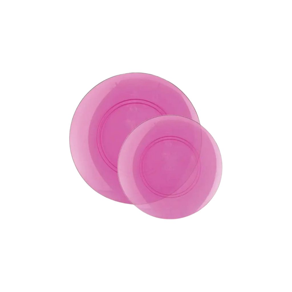 Pink plastic plates with round edges for birthday from Parte Haus party supply store in Bethesda MD