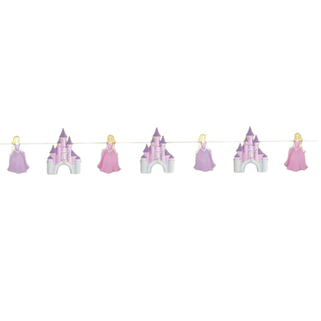 Pink and purple princess and castle banner for birthday theme from Parte Haus party supply store in Bethesda MD