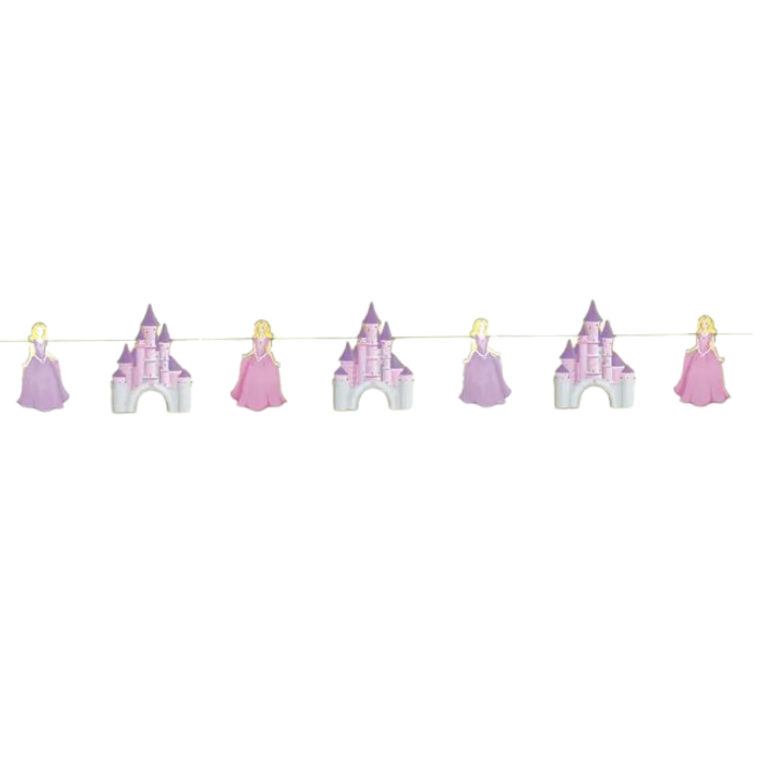 Pink and purple princess and castle banner for birthday theme from Parte Haus party supply store in Bethesda MD