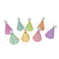 Pastel cone birthday hats with star patterns and pom poms for birthday celebration from Parte Haus party supply store in Bethesda Maryland
