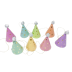 Pastel cone birthday hats with star patterns and pom poms for birthday celebration from Parte Haus party supply store in Bethesda Maryland