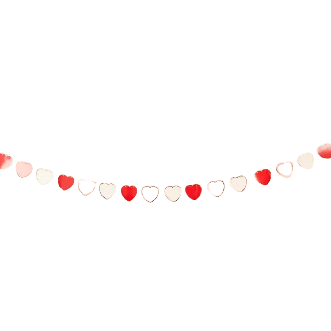 Red pink and white heart garland with cutout hearts for Valentine’s Day from Parte Haus party supply store in Bethesda MD
