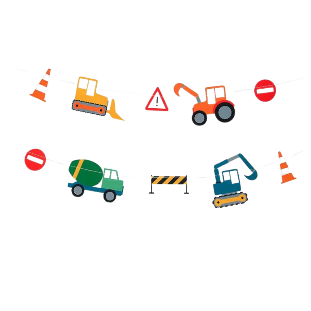 multicolor construction vehicle garland with trucks cones and signs birthday theme from Parte Haus party supply store in Bethesda MD