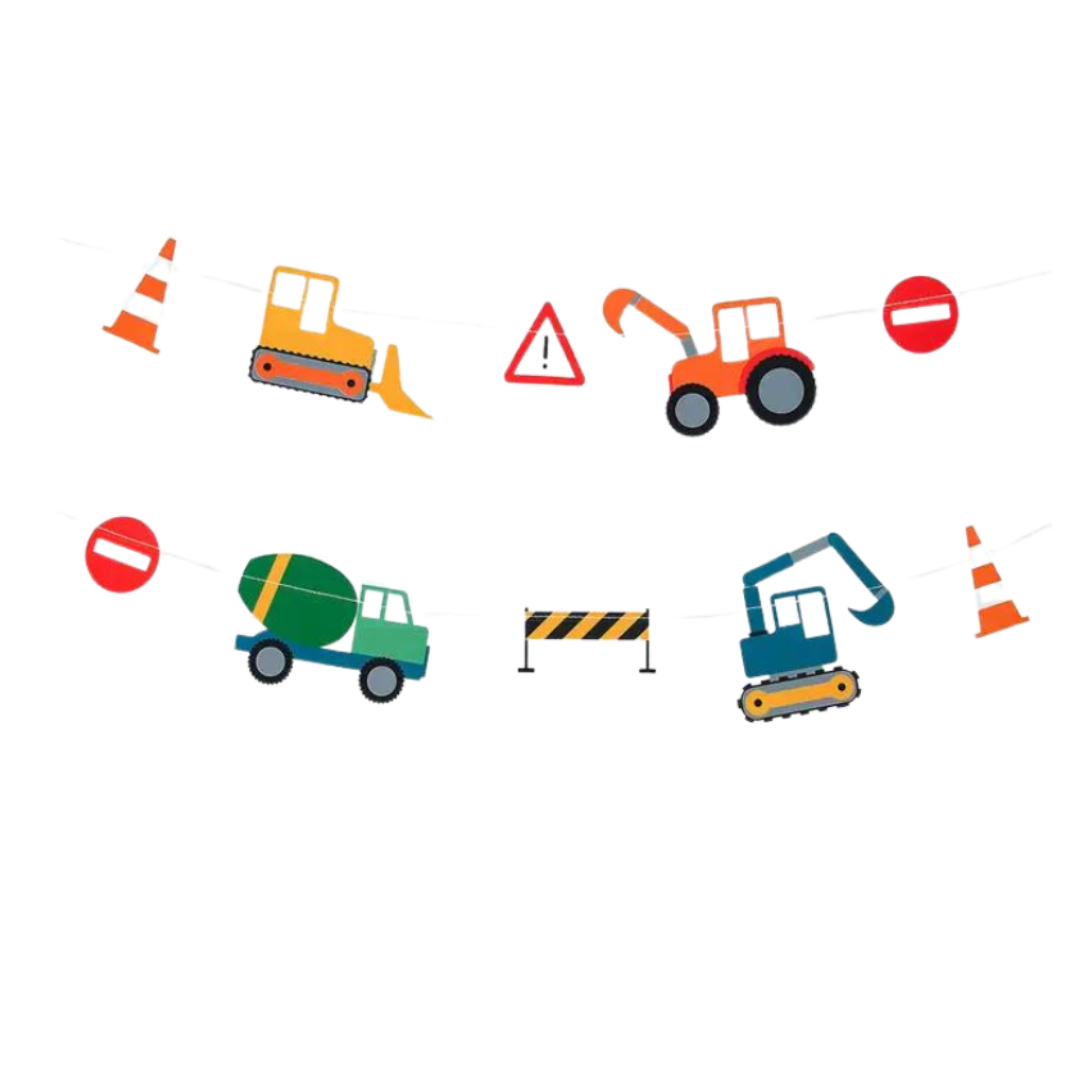 multicolor construction vehicle garland with trucks cones and signs birthday theme from Parte Haus party supply store in Bethesda MD