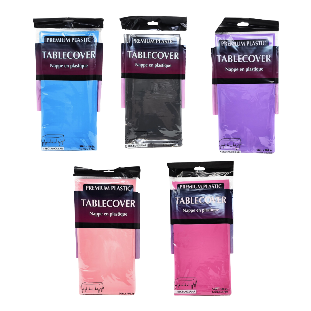 Blue black purple pink light pink plastic tablecovers rectangle shape classic event decor from Parte Haus party supply store in Bethesda Maryland