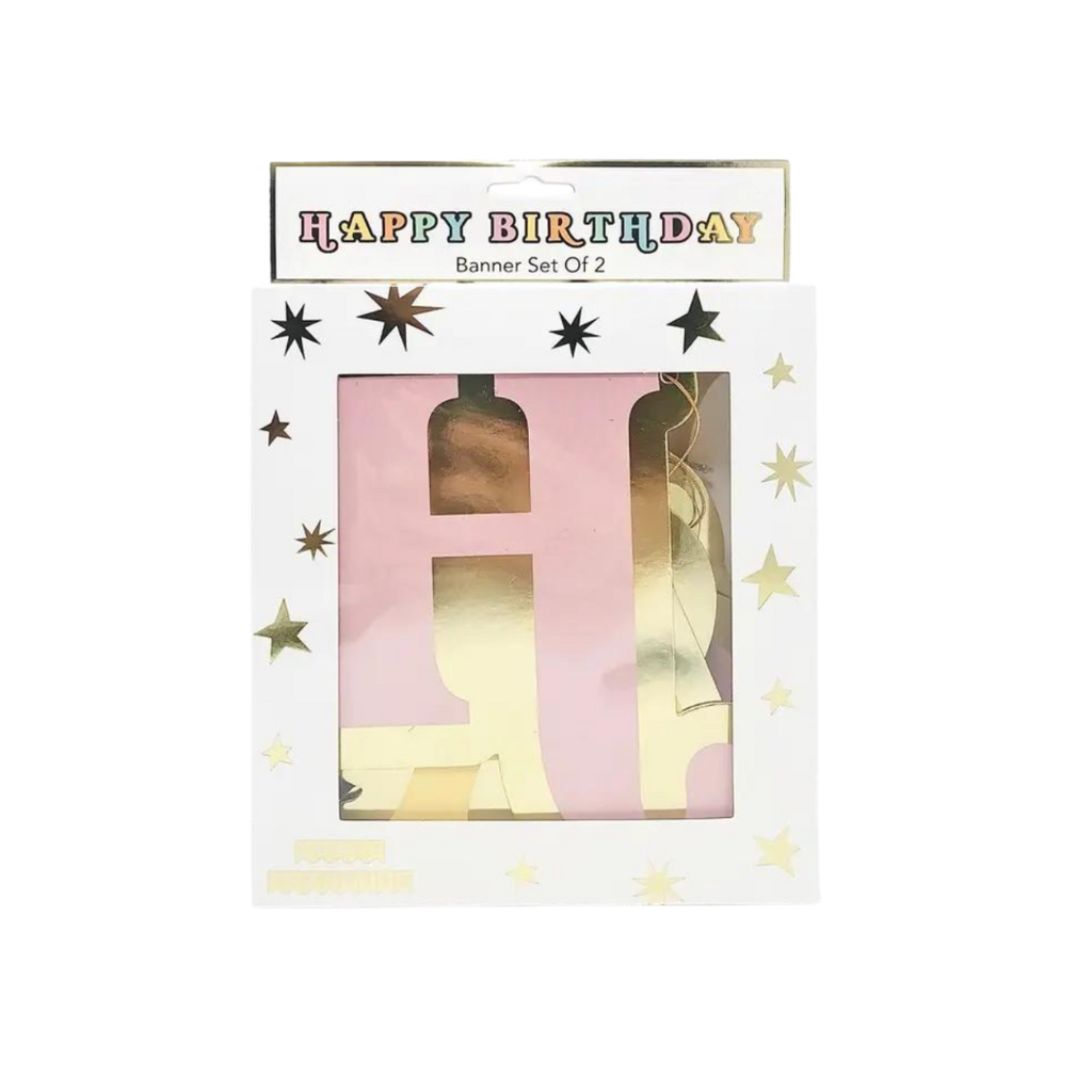Pink and gold happy birthday banner with star accents birthday theme from Parte Haus party supply store in Bethesda MD