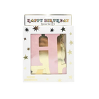 Pink and gold happy birthday banner with star accents birthday theme from Parte Haus party supply store in Bethesda MD