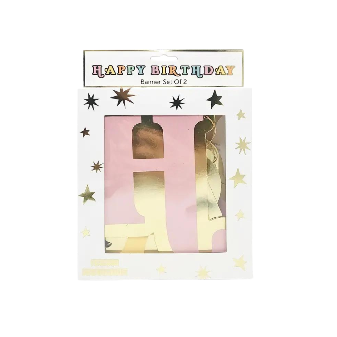 Pink and gold happy birthday banner with star accents birthday theme from Parte Haus party supply store in Bethesda MD