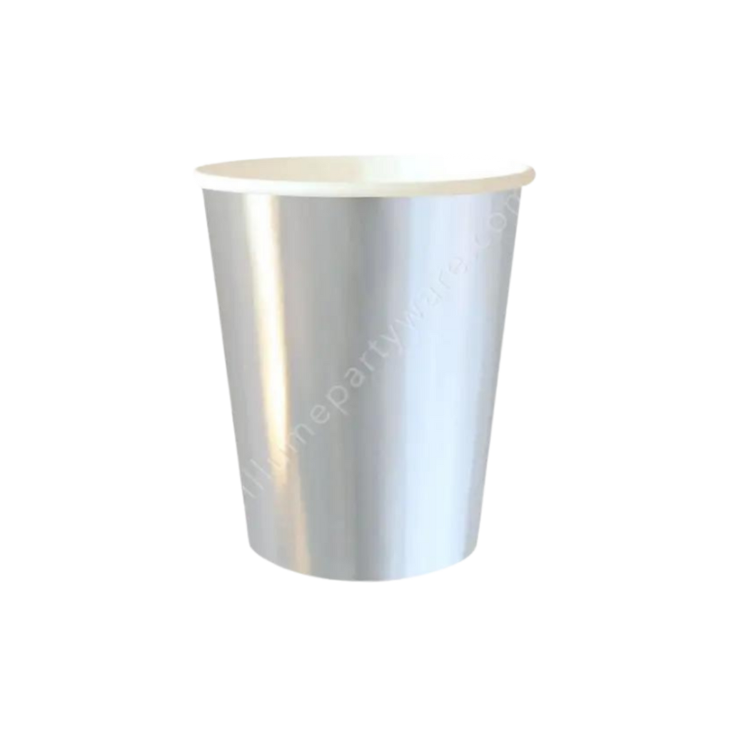 Silver paper cup with glossy finish for birthdays from Parte Haus party supply store in Bethesda Maryland