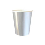 Silver paper cup with glossy finish for birthdays from Parte Haus party supply store in Bethesda Maryland